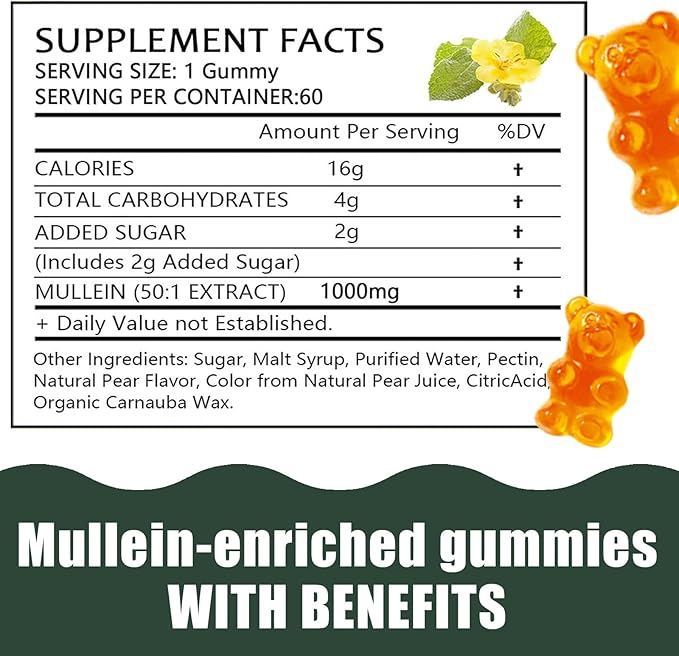 Mullein Gummies Daily Respiratory Health Gummies1000mg Mullein Leaf herb Extract Pear Flavor Lung Health &amp Sinus Relief (30 Day Supply)