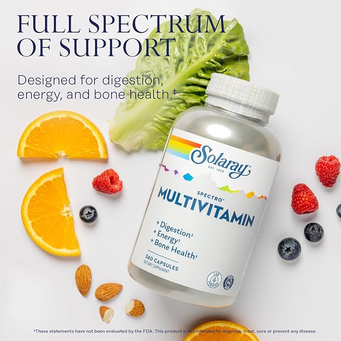 SOLARAY Spectro Multivitamin with Iron - Multi Vitamin with Calcium Magnesium Energizing Greens Herbs &amp Digestive Enzymes - Digestion Energy and Bone Health Support (60 Servings 360 Capsules