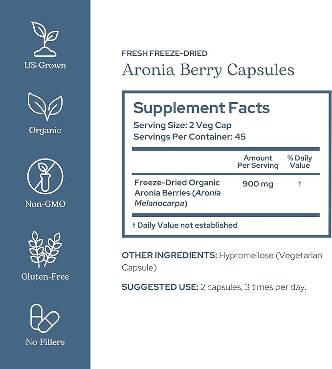 Eclectic Institute Raw Freeze-Dried Organic Aronia Berry Capsules | Supports Heart Immune System Digestive and Urinary Tract Health | 90 CT (450 mg)