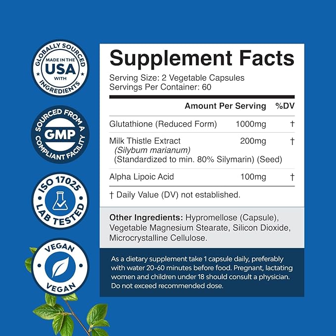 Reduced Glutathione Supplement with Milk Thistle - 1000mg per Serving Pure L Glutathione with Alpha Lipoic Acid &amp Milk Thistle Silymarin for Skin Radiance Liver Support &amp Immune Support - 120