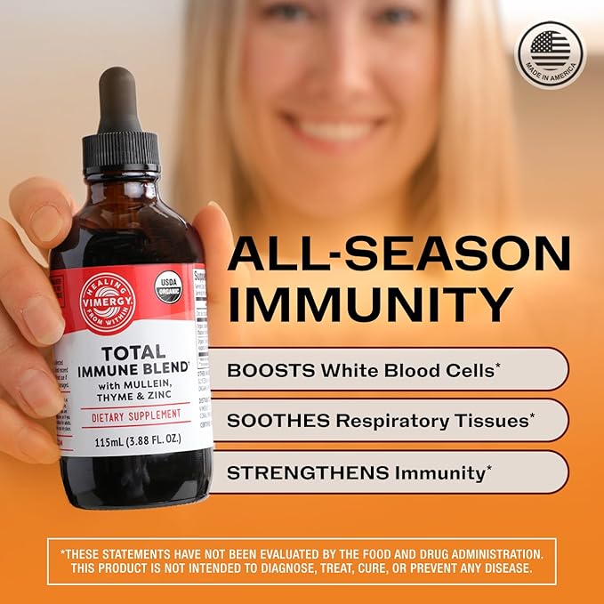 Vimergy USDA Organic Total Immune Blend* Liquid Supplement 57 Servings Fast-Absorbing Immune Support – All-Season Zinc Thyme and Mullein Drops Non-GMO Vegan Immunity Support for Adults (115 mL)