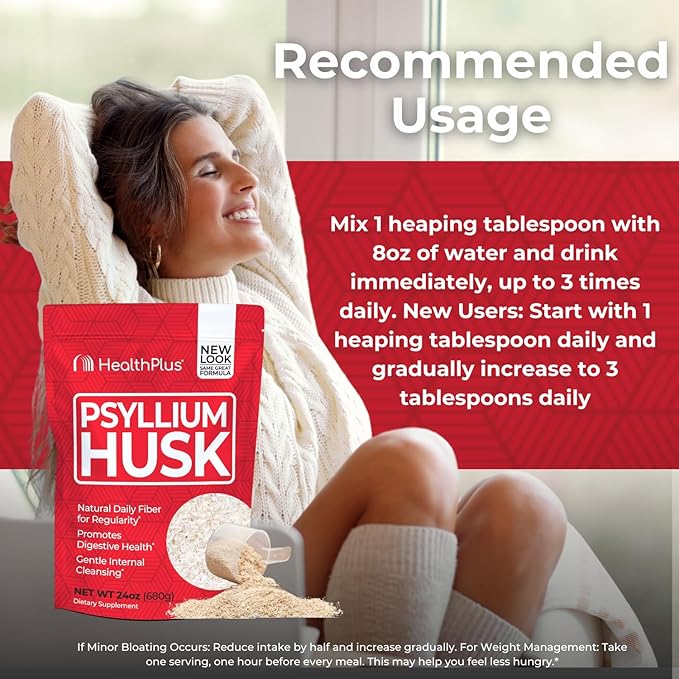 Health Plus Psyllium Husk 24 oz 96 Servings - Natural Detox Daily Dietary Fiber Supplement Constipation Relief Gentle Gut Cleanse Keto Baking
