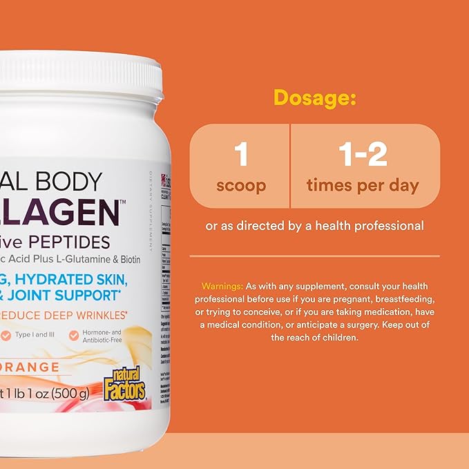 Natural Factors Total Body Collagen Bioactive Peptides Powder for Healthy Skin Hair &amp Joints Orange