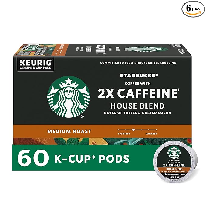 Starbucks K-Cup Coffee Pods Medium Roast Coffee With 2X Caffeine House Blend For Keurig Coffee Makers 100% Arabica 6 Boxes (60 Pods Total)