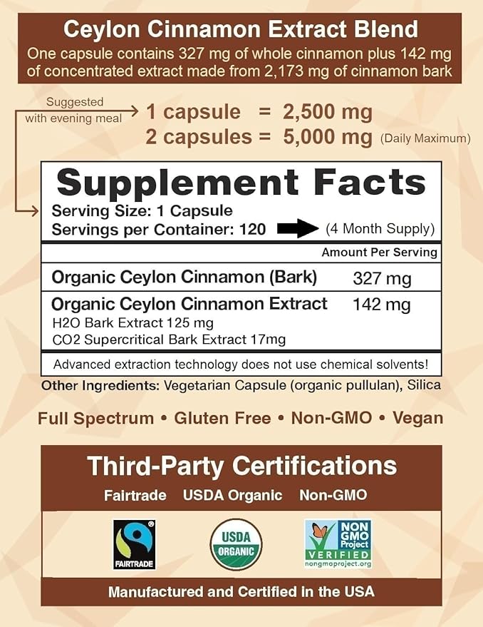 Ceylon Cinnamon Shop CinnaGuard™ Organic Ceylon Cinnamon Capsules | Extra Strength | 4 Month Supply | 120 Count - Non-GMO &amp Gluten Free Supplement