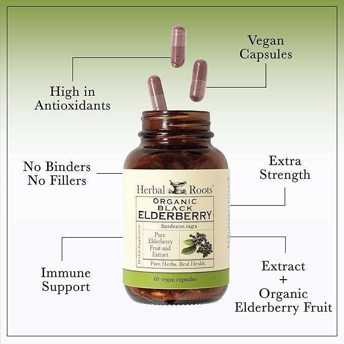 Herbal Roots Organic Black Elderberry Capsules | Max Strength | Made with Organic Sambucus | 60 Vegan Capsules (Pack of 2)