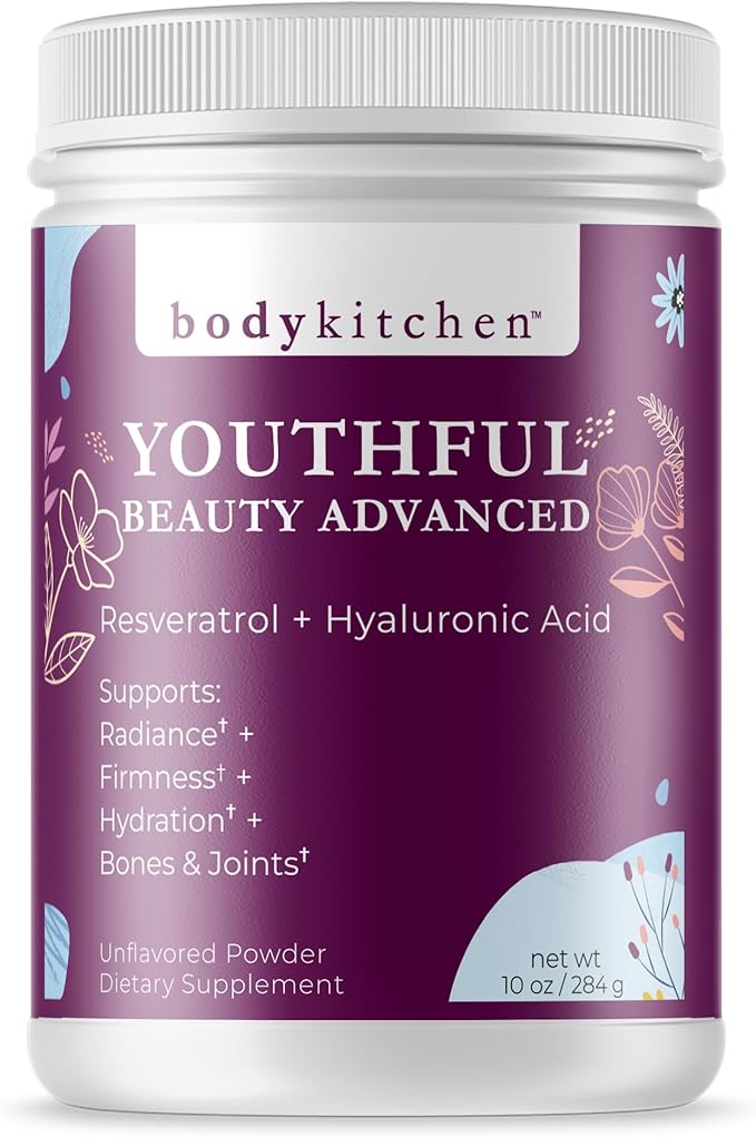Body Kitchen Youthful Beauty Advanced Collagen Peptides Powder for Beautiful Hair Skin Nails Resveratrol and Hyaluronic Acid for Anti-Aging &amp Antioxidant Support Grass Fed (Pack of 1)