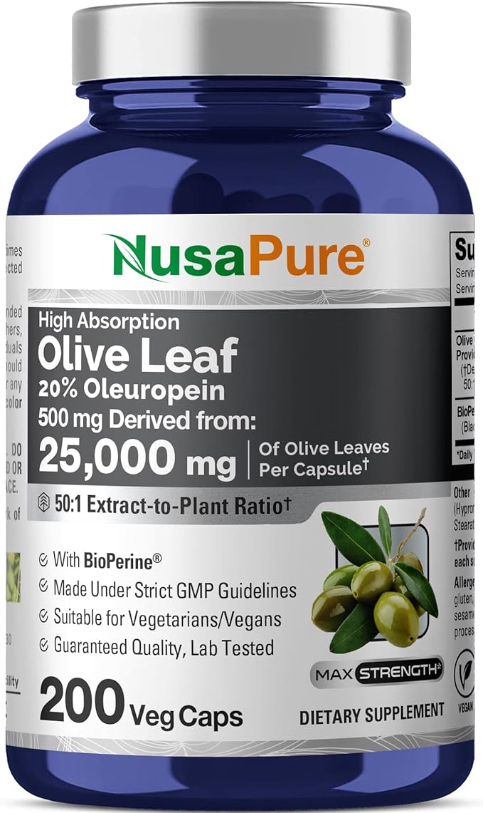NusaPure Olive Leaf 20% Oleuropein 50:1 Extract 500 mg Equivalent to 25000 mg 200 Veg Caps Suitable for Vegetarians and Vegans Non-GMO