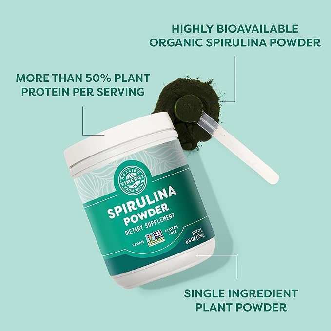 Vimergy Spirulina Powder – Concentrated Plant Protein Supports Immune Health &amp Cardiovascular Function – Vegan Kosher Gluten-Free – 250g