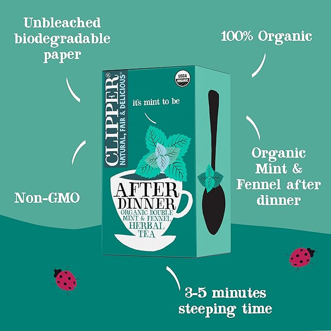 Clipper Tea Organic Mint &amp Fennel Herbal Tea After Dinner Mints - USDA Organic Non-GMO Sustainable Caffeinated British Tea 6 Pack 120 Unbleached Tea Bags
