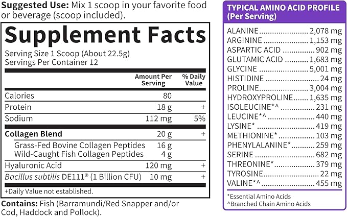 Garden of Life Marine&ampGrass-Fed Collagen Peptides Powder Supplement (Type IIII) with ProbioticsBCAAs&ampHyaluronic Acid for Radiant HairSkin-&ampNails – Unflavored20g per serving12 Servings