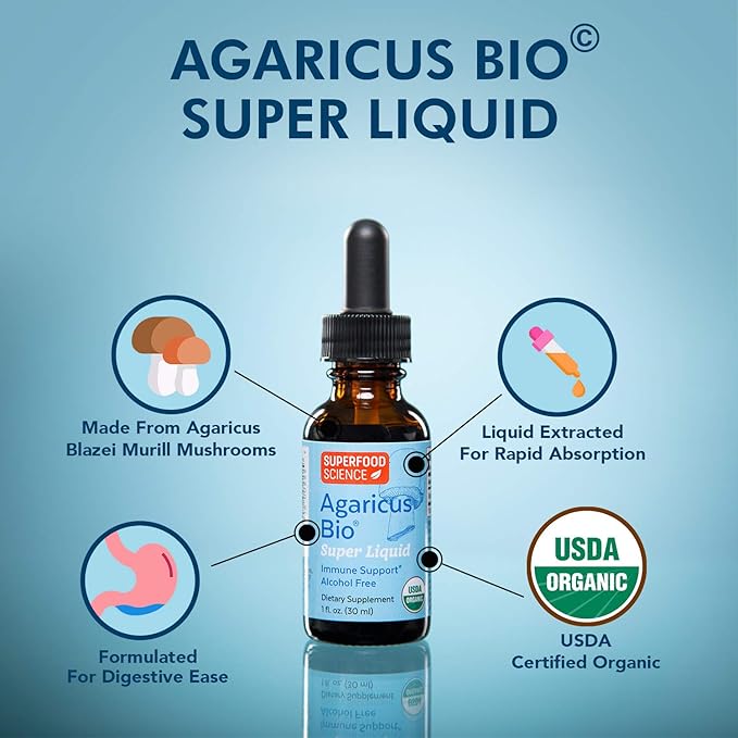 Agaricus Bio Super Liquid Organic Blazei Mushroom Extract Tincture Fruiting Body Beta-Glucan Drops for Natural Killer Cell Activity Liquid Mushroom Supplement for Liver and Immune Support 30 ml
