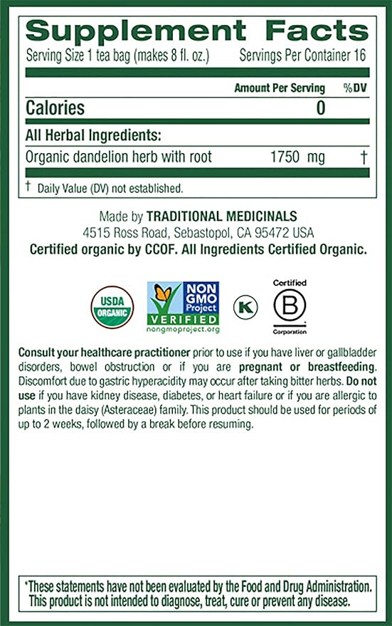 Traditional Medicinals Organic Dandelion Leaf &amp Root Herbal Tea Supports Kidney Function &amp Healthy Digestion 16 Count (Pack of 4) - 64 Tea Bags Total