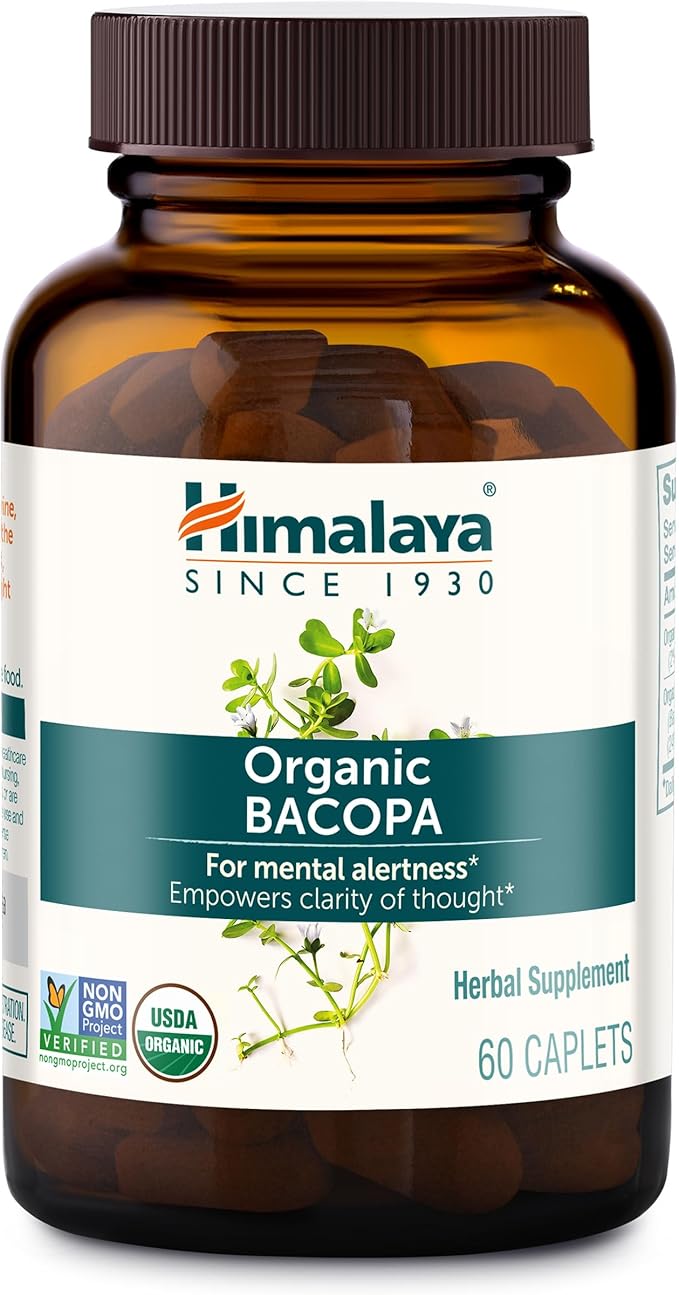 Himalaya Organic Bacopa Monnieri Nootropic Herbal Supplement Supports Calm Memory Cognition USDA Certified Organic Non-GMO 750 mg 60 Plant-Based Caplets 60 Day Supply