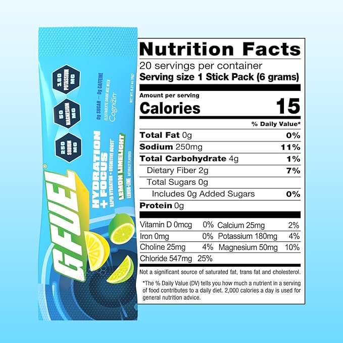 G Fuel Electrolytes Powder for Instant Hydration and Focus | Sugar Free Lemon Lime Flavor Electrolyte and Nootropic Drink Mix to Sharpen Mental Focus 20 Servings