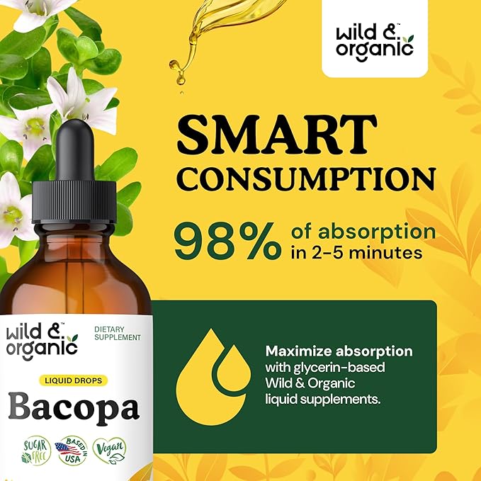 Wild &amp Organic Bacopa Liquid Drops - Herbal Tincture for Brain Support - Vegan Supplements with Bacopa Monnieri Extract Liquid - 5-Month Supply - Sugar &amp Alcohol-Free - 4 fl oz
