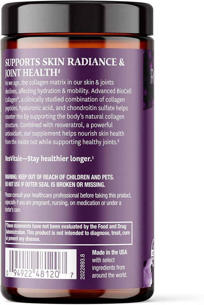 ResVitále Collagen Enhance - Beauty Supplement with Hyaluronic Acid &amp Resveratrol - 60 Capsules
