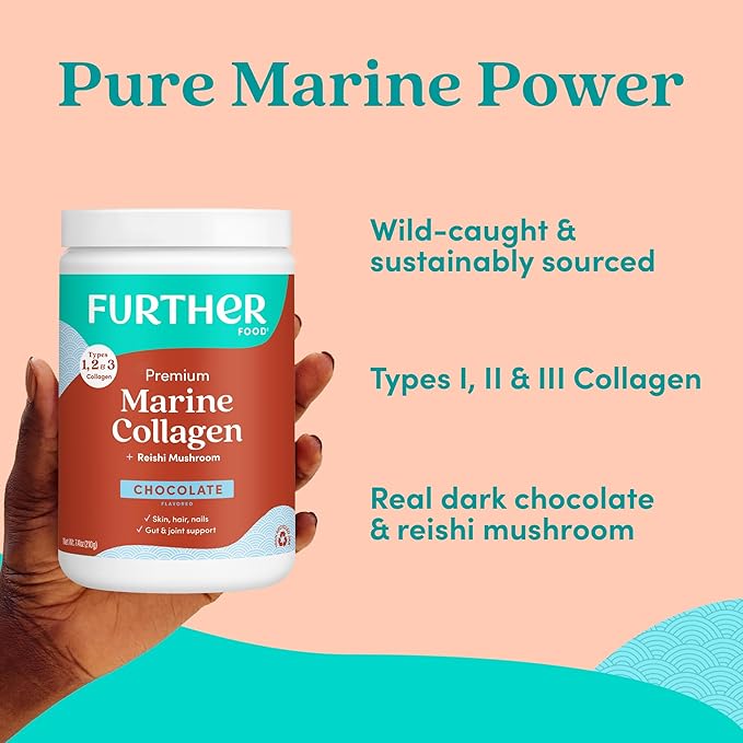 Further Food Chocolate Marine Collagen Peptides Powder with Reishi Mushroom Wild-Caught Sustainably Sourced Fish Hydrolyzed Type 1 2 &amp 3 7.41 Oz