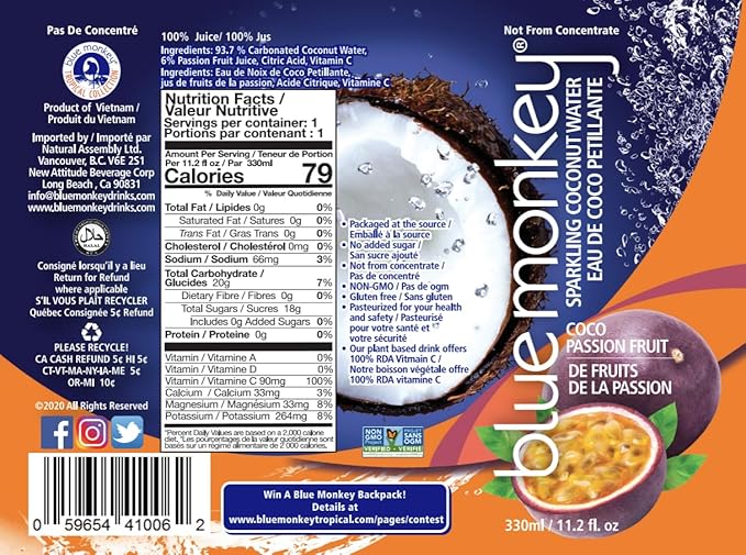 Blue Monkey Sparkling Coconut Water with Passion Fruit - 99.7% Coconut Water &amp Juice Blend - No Sugar Added All Natural Shelf Stable - Lightly Carbonated Tropical Beverage - 11.2oz (330ml) 12-Pa