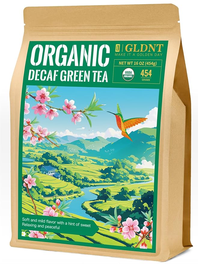 GLDNT Organic Decaf Green Tea Organic Decaffeinated Green Tea Loose leaf Delicate &amp Smooth Flavor Hot &amp Iced Tea 16 Ounce