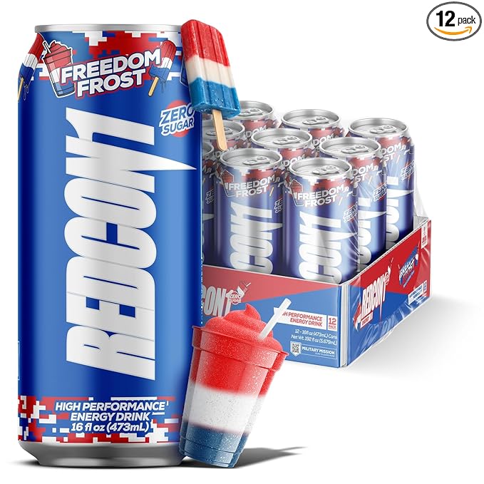 REDCON1 Energy High Performance Drink Freedom Frost - Zero Sugar Energy Drink with Alpha GPC Nootropic - 200mg Natural Caffeine from Green Coffee Beans - Vitamin B6 B12 &amp B5 to Boost Mood (12 ct