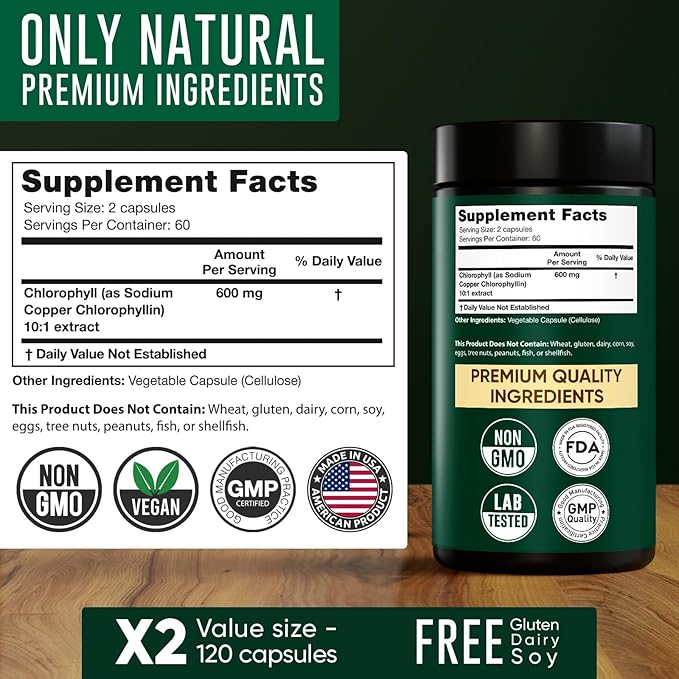 Chlorophyll Capsules 600 mg - Natural Chlorophyll Pills for Women &amp Men - Highly BioAvailable Chlorophyll Supplement for Energy Immunity Skin + Internal Deodorant