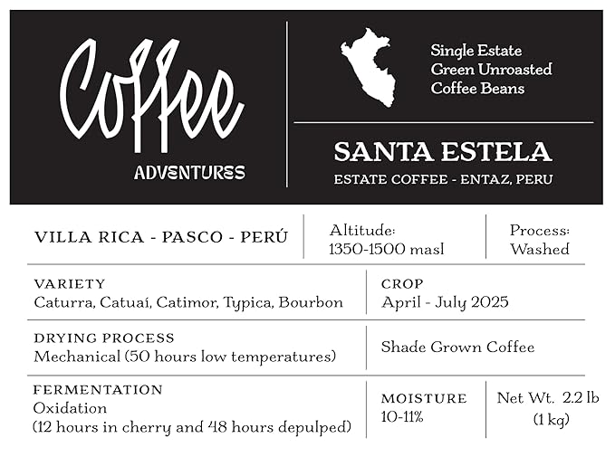 Coffee Adventures Green Unroasted Coffee Beans From Peru - Finca Santa Estela Single Estate Blend - Caturra Catuaí Catimor Typica Bourbon Blend - Direct Trade Green Coffee Beans for Coffee Roaster