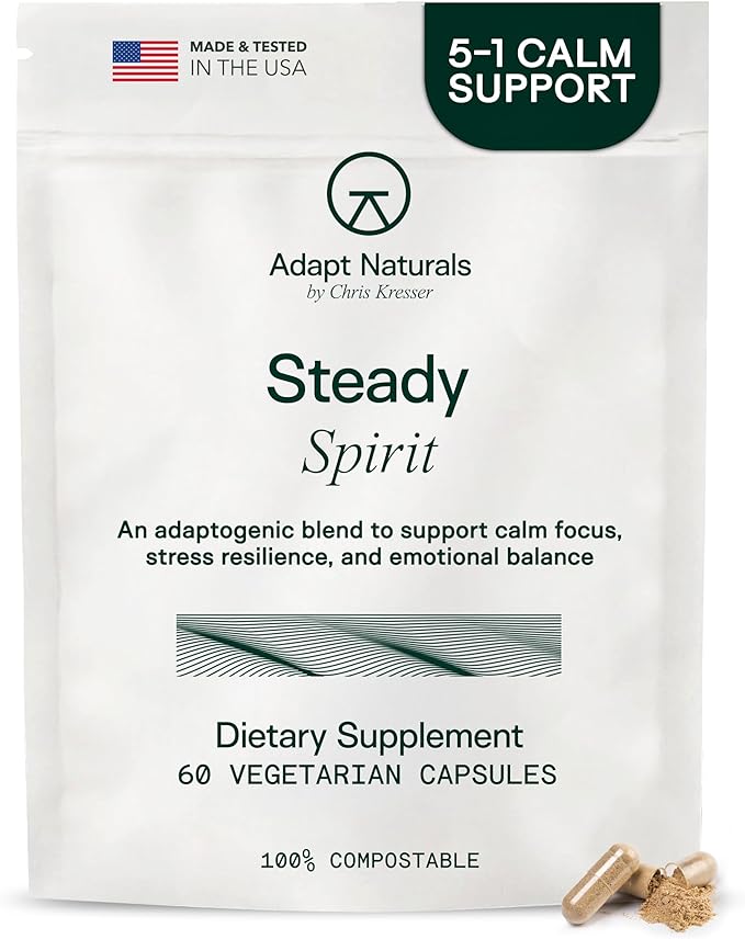 Adapt Naturals Steady Spirit Stress Anxiety &amp Mood Support Supplement for Women and Men with Ashwagandha L-Theanine Holy Basil Saffron and Lemon Balm - Stress Relief Supplement - 60 Day Suppl