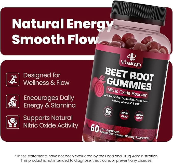 Beet Root Gummies - Super Nitric Oxide Beets Supplement - Red Beetroot Heart Chews with Grape Seed Power &amp B12- Pomegranate Flavor 60 Chewables Beets