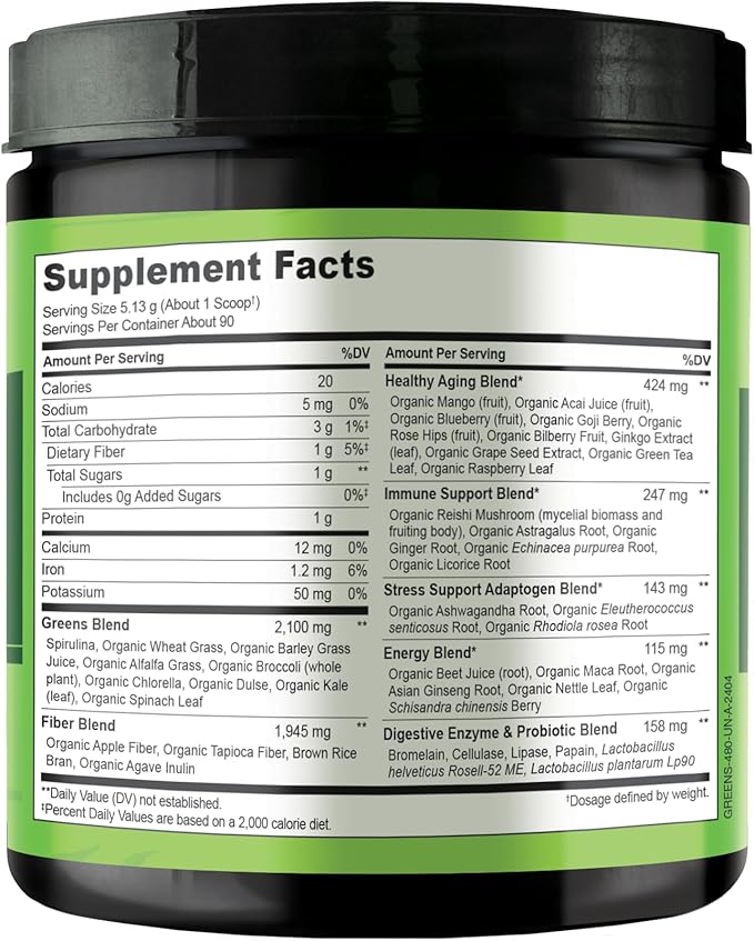NATURELO Raw Greens Superfood Powder - Unsweetened - Boost Energy Detox Enhance Health - Organic Spirulina - Wheat Grass - Whole Food Nutrition from Fruits &amp Vegetables - 480 Grams