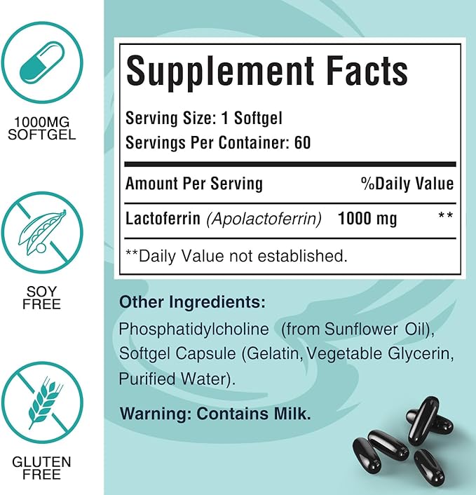 Liposomal Bovine Lactoferrin 1000 mg - Higher Absorption - for Iron Absorption &amp Immune Function Lactoferrin Supplements for Adults 60 Softgels