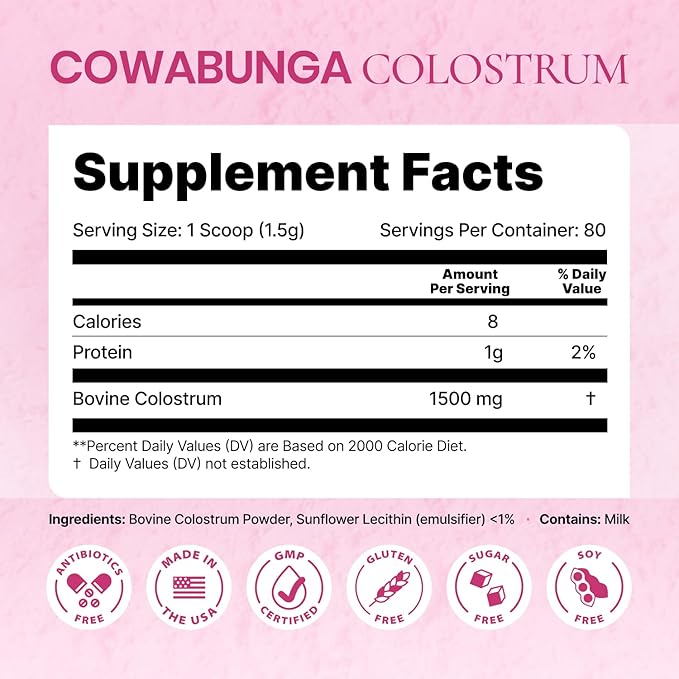 SonoHealth Cowabunga Colostrum - Premium Pure &amp Unaltered Colostrum Powder Supplement - for Immune Support Gut Health Muscle Recovery &amp Wellness - Kosher &amp Halal Certified Calostro