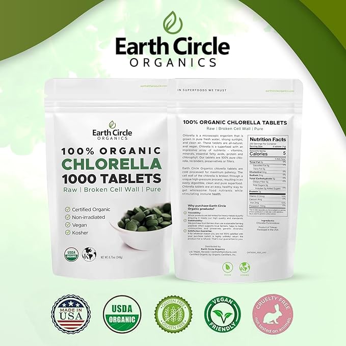 Organic Chlorella Tablets 1000 Count | High Potency Chlorophyll Supplement | Pure Chlorella Pyrenoidosa | Broken Cell Wall for Maximum Absorption | Vegan Kosher Non-GMO Superfood - Pack of 1