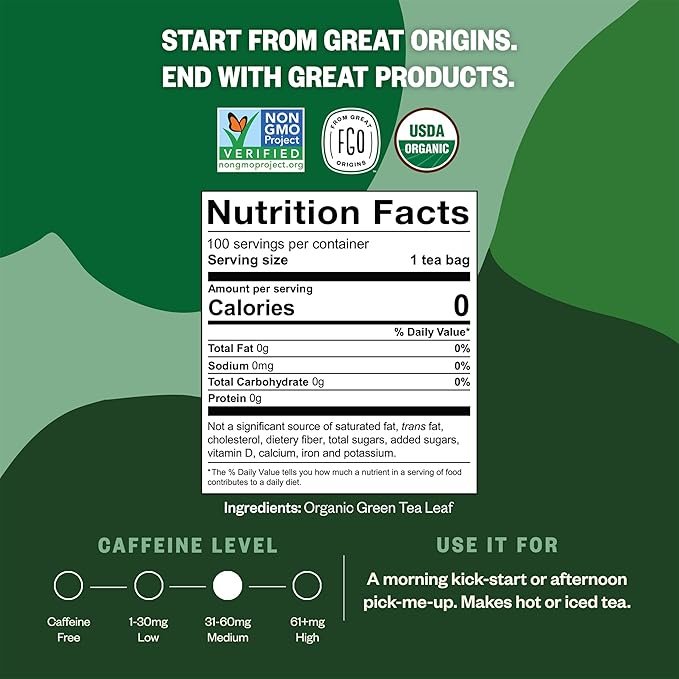 FGO Organic Green Tea 100 Count Eco-Conscious Tea Bags Caffeinated Resealable Pouch Packaging May Vary (Pack of 1)