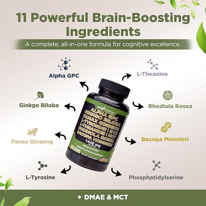 Gade Nutrition Alpha GPC + Ginkgo Biloba + Panax Ginseng + L- Tyrosine L-Theanine Bocopa Monnieri Rhodiola Rosea B12 MCT