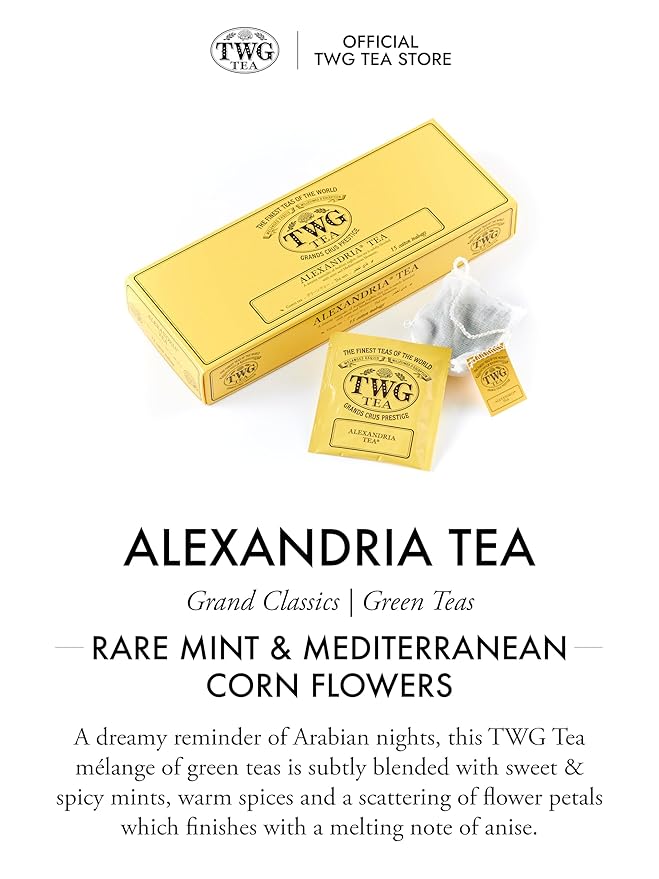 TWG Tea | Alexandria Tea | Green Tea | Mint &amp Corn Flowers | 15 Hand Sewn Cotton Teabags | Gift Set
