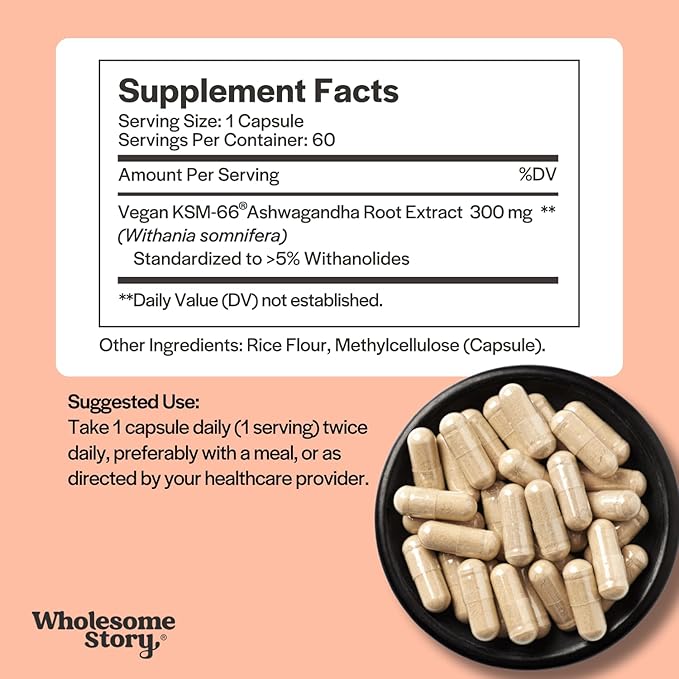 Vegan KSM 66 Ashwagandha Capsules| High Potency 5% Withanolides | Ashwagandha Root Extract Supplements | Ashwagandha 300mg | Stress Management &amp Well Being Support | 60 Ashwaganda Pills