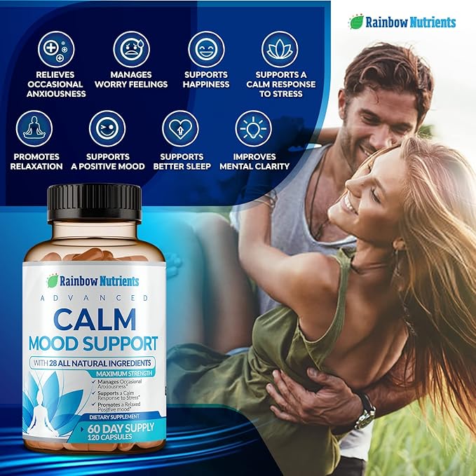 28 in 1 Calm Mood Support Supplement- Natural Happy Pills for Occasional Anxiousness &amp Stress Worry feelings Relaxation Mental Clarity | Max Sleep &amp Mood Support for Women &amp Men|120 Veg