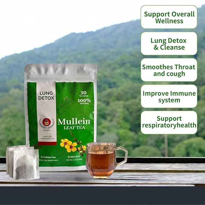 Orangic Mullein Detox Tea for LungsSmokerRespiratory Support-Pure Mullein Leaf Herbal Tea for Lung Cleanse18 Premium Herbs BlendBreath Easy TeaCaffeine Free100% Natural30 Tea Bags