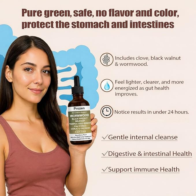 Prozen Wormwood Gut Cleanse Liquid Drops Nuvian Wormwood Black Walnut Clove Gut Cleanser for Adults with Soursop Pumpkin Seed Pau D'Arco Garlic Oregano Boosts Energy Health &amp Absorption2Oz