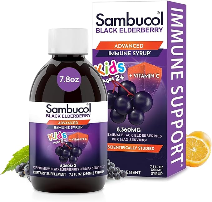 Sambucol Black Elderberry Syrup for Kids - Elderberry Liquid with Vitamin C for Kids No Artificial Flavors High Antioxidants Daily Wellness Support Berry Flavor - 7.8 Fl Oz