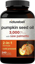 NatureBell Pumpkin Seed Oil 3000mg with Saw Palmetto - 240 Softgels - Rich in Omega-6 &amp Omega-9 - Supplement for Heart Brain Hair &amp Bladder Health*