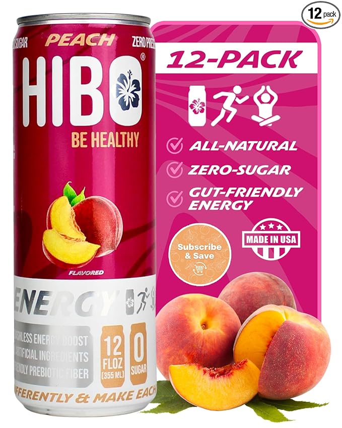 HIBO Healthy Energy Drinks Sugar Free – Gluten-Free &amp Gut-Friendly Prebiotic Fiber w/ 140mg Caffeine &amp 60mg Green Coffee Extract Electrolytes – Supports Immunity &amp Focus - Pack of 12 Pea