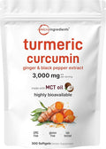 Turmeric Curcumin Supplement with Black Pepper &amp Ginger 3000mg 300 Softgels with MCT Oil for Better Absorption | 95% Curcuminoids | Non-GMO