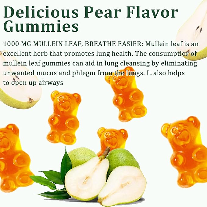 Mullein Gummies Daily Respiratory Health Gummies1000mg Mullein Leaf herb Extract Pear Flavor Lung Health &amp Sinus Relief (30 Day Supply)