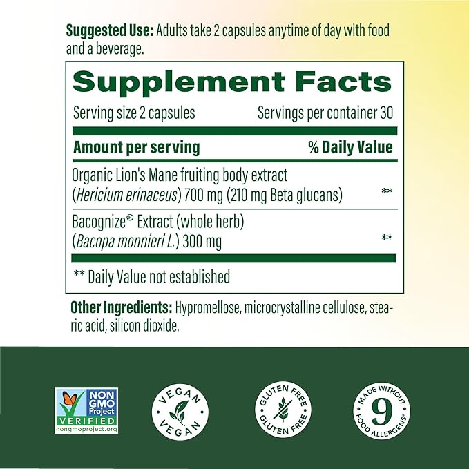 MegaFood Superfood Mushroom Focus Support - Lions Mane Supplement Capsules - Doctor Formulated – Lion’s Mane Mushroom Supplement with Clinically Studied Bacopa - Vegan - 60 Capsules 30 Servings