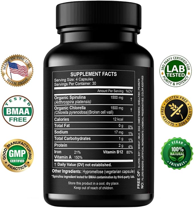 Chlorella Spirulina Powder Capsules 3000 mg of BMAA Free Purest Blue Green Algae - Best Natural Detox Raw Vegan Vitamins Protein Green Superfood - Made in USA