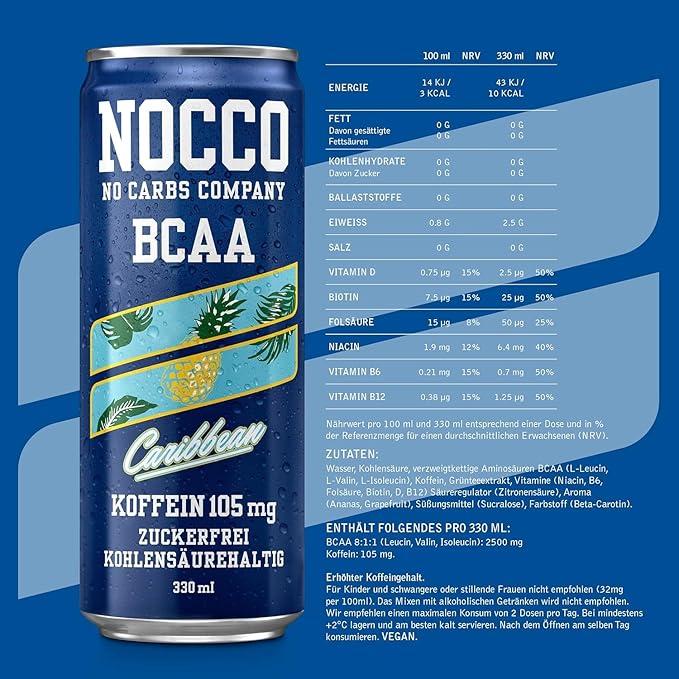 NOCCO BCAA Energy Drink Pack of 24 - Sugar-Free Vegan Energy Drink with Caffeine Vitamins and Amino Acids - Caribbean Pineapple 24 x 330 ml Including Deposit (Caribbean)