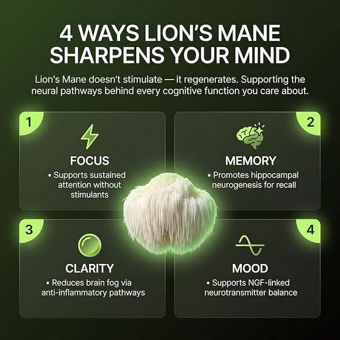 Lion’s Mane Mushroom Supplement 1000mg - Dual Extract for Focus Memory &amp Mental Clarity - High Potency Nootropic Brain Supplement with 20% Beta-Glucans - Fruiting Body &amp Mycelium - 60 Caps