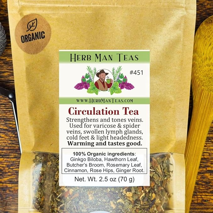 CIRCULATION TEA – Helps strengthen and tone veins supports warmth in the extremities helps reduce excess fluid in the legs – formulated by master herbalist Khabir – 100% Organic Non-GMO